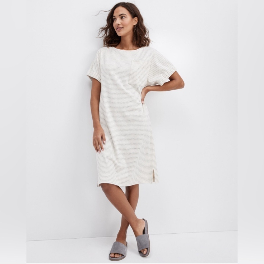 Haven well within Gathered Cuff Lounge Dress cream grey striped short sleeve med